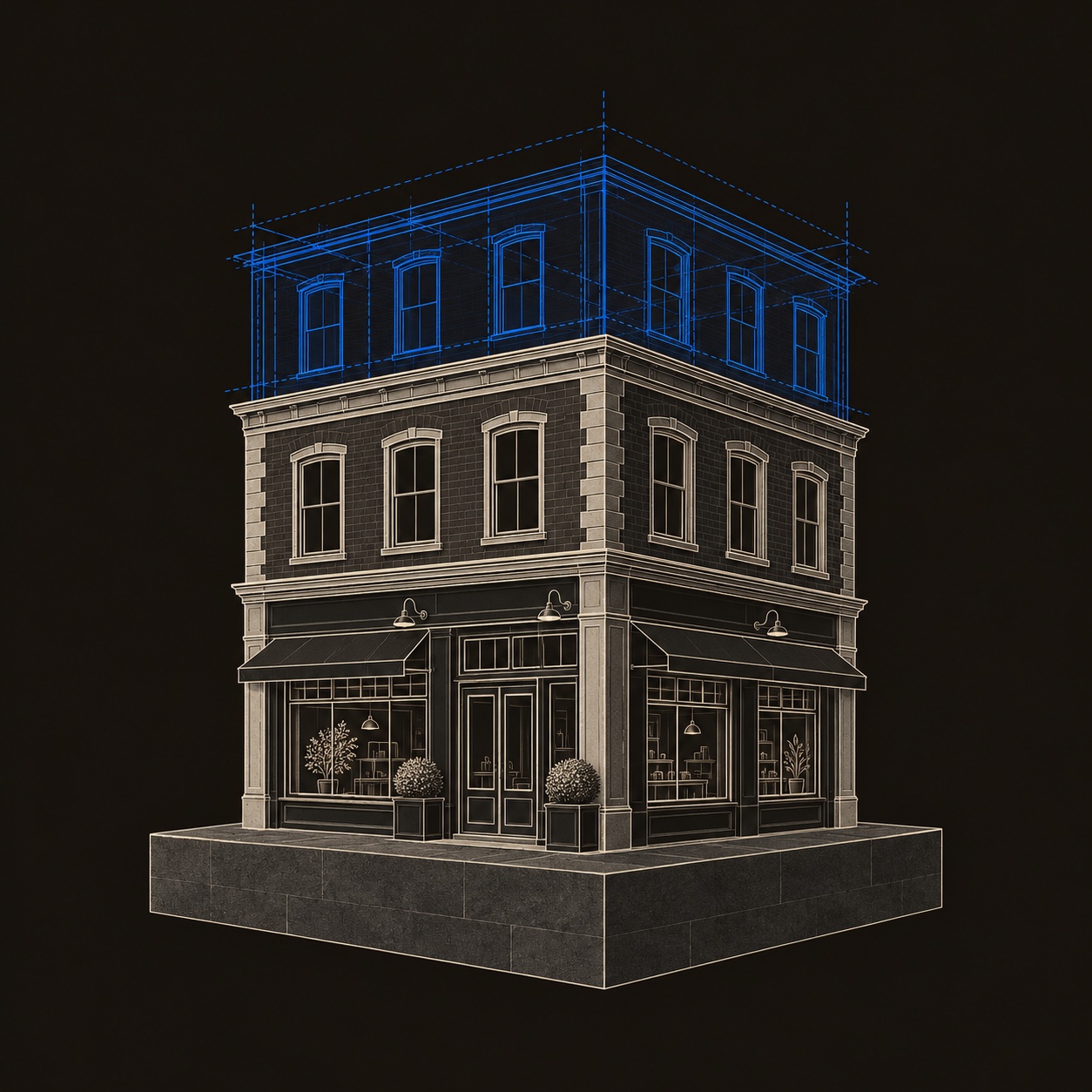 An established business rests on a solid foundation. A blue blueprint above it represents potential improvements built on existing strength.