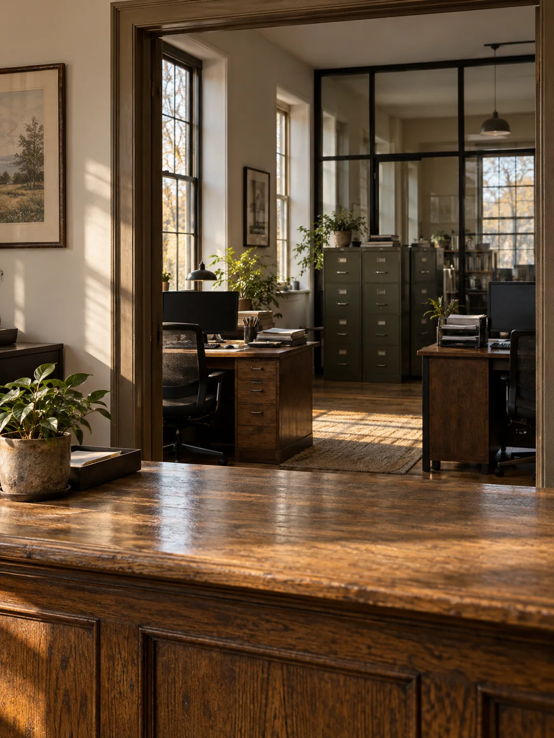 Worn oak counter looking into an established working office