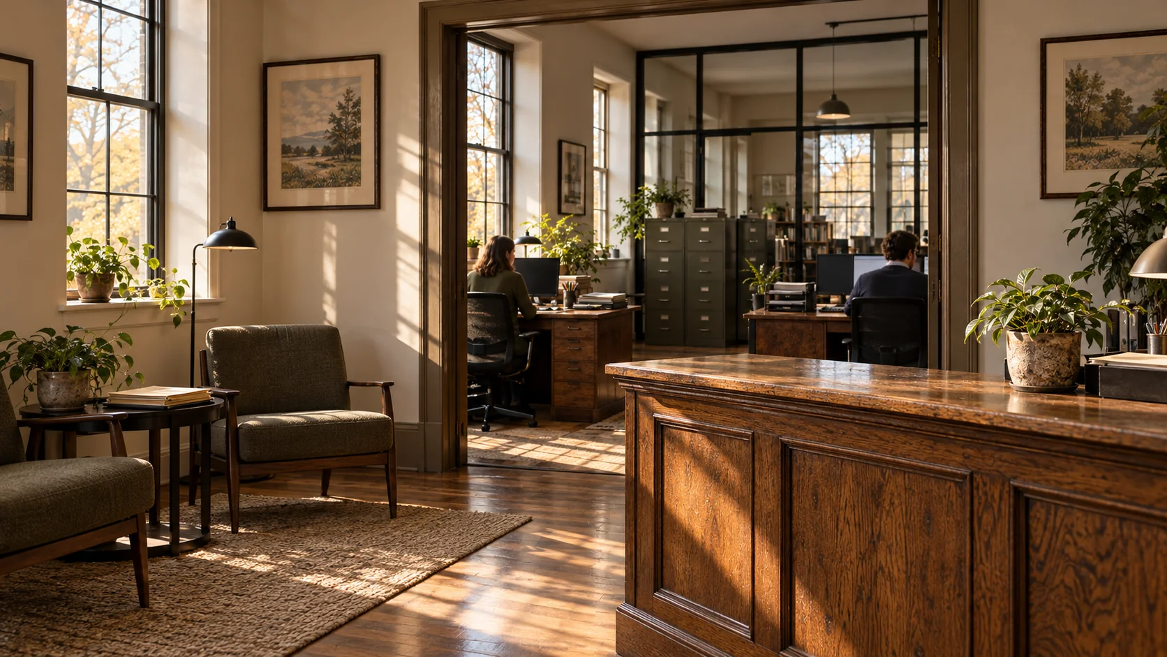 Client waiting area with colleagues working in the office beyond