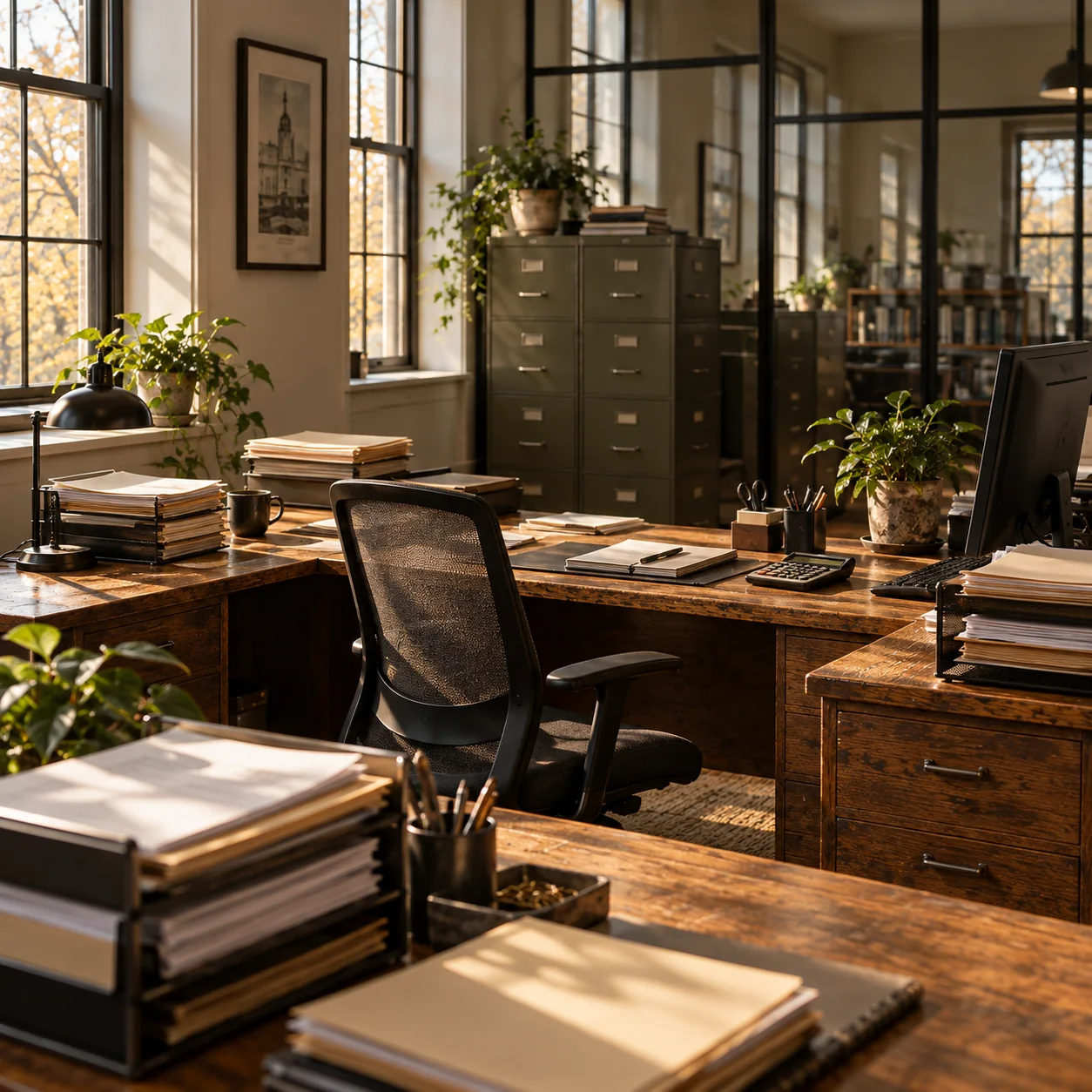 Work surfaces and document trays converge on one owner’s chair