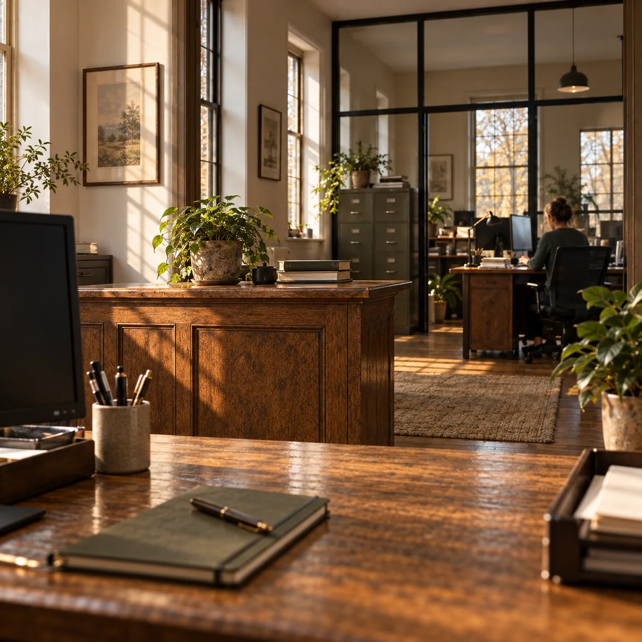 View from the owner’s working position toward a colleague in the office